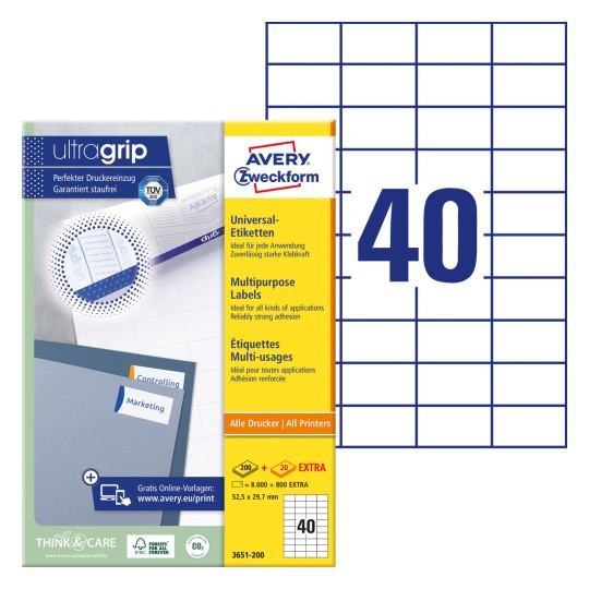 Slik pakiranja s listom naljepnica: Avery Zweckform univerzalne naljepnice, Artikl: 3651-200, Format: 52,5 x 29,7 mm, Pogodnost za tiskanje: Inkjet, Laser crno-bijelo, Kolor laser, Sadržaj: 8.800 naljepnica / 220 listova, 40 naljepnica/list?