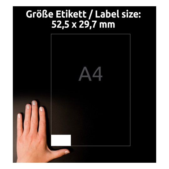 Usporedba veličine s rukom, Artikl: 3651, jedan list univerzalnih naljepnica, format: 52,5 x 29,7 mm, boja: bijela.