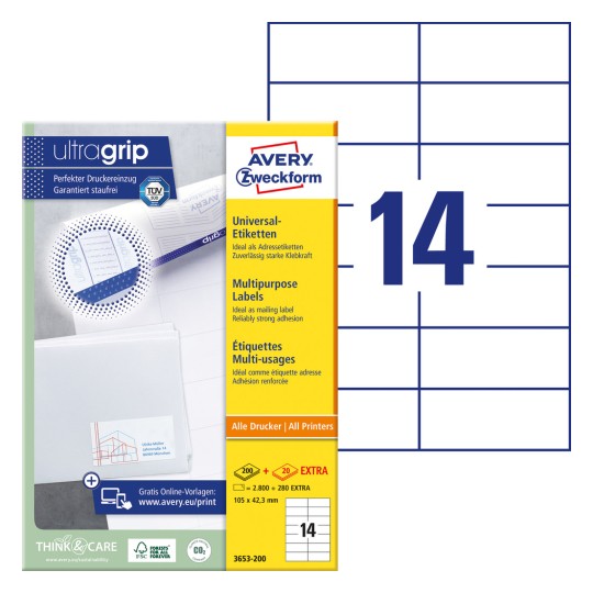 Slika pakiranja s listovima naljepnica: Avery Zweckform univerzalne naljepnice, artikal: 3653-200, format: 105 x 42,3 mm, pogodne za ispis: Inkjet, crno-bijeli laser, laserski u boji, sadržaj: 3.080 naljepnica / 220 listova, 14 naljepnica/listu.