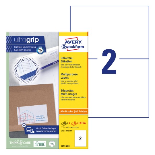Ambalaža sa listom s etiketama: Avery Zweckform univerzalne etikete, artikal: 3655-200, format: 210 x 148 mm, prikladnost ispisa: Inkjet, crno-bijeli laser, kolor laser, sadržaj: 440 etiketa / 220 listova, 2 etikete/list.
