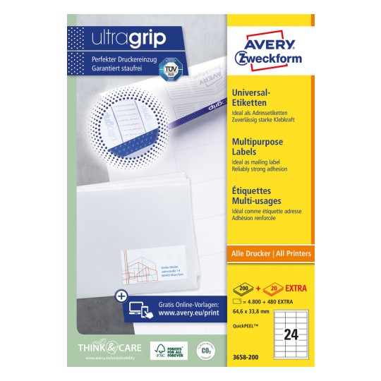 Pakiranje: Avery Zweckform univerzalne naljepnice, trajno ljepljive, artikl: 3658-200, format: 64,6 x 33,8 mm, prikladno za: Inkjet, crno-bijeli laserski, laserski u boji, sadržaj: 5.280 naljepnica / 220 listova, 24 naljepnice/list.
