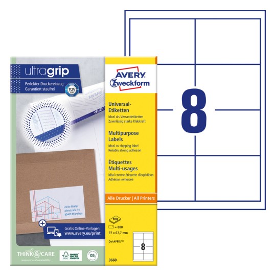 Slika pakiranja s listom naljepnica: Avery Zweckform univerzalne naljepnice, artikl: 3660, format: 97 x 67,7 mm, prikladno za ispis: Inkjet, crno-bijeli laser, laserski u boji, sadržaj: 800 naljepnica / 100 listova, 8 naljepnica/listu.