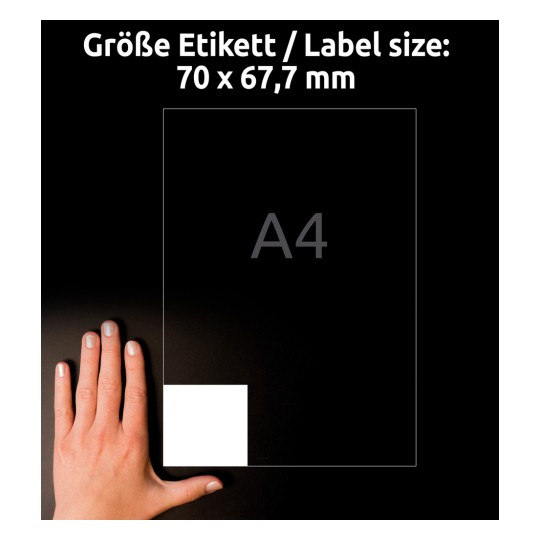 Veličina u usporedbi s rukom, Artikal: 3661, jedan list univerzalnih naljepnica, format: 70 x 67,7 mm, boja: bijela.