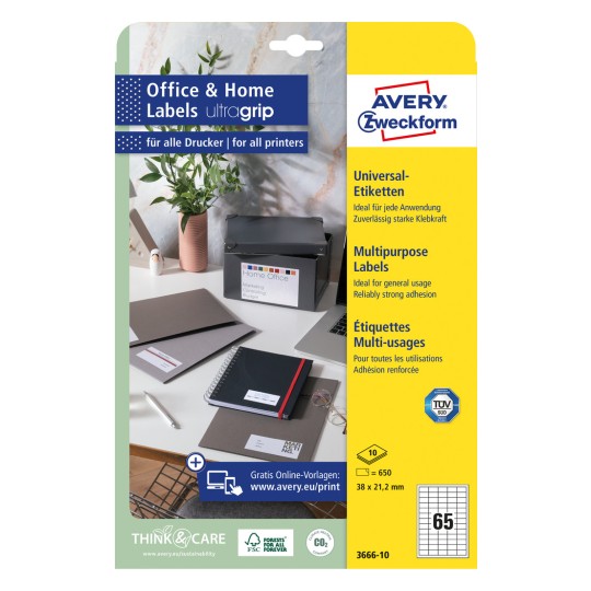 Slika pakiranja: Avery Zweckform univerzalne naljepnice, trajno ljepljive, artikl: 3666-10, format: 38 x 21,2 mm, pogodnost za ispis: Inkjet, crno-bijeli laser, kolor laser, sadržaj: 650 naljepnica / 10 listova, 65 naljepnica/list.