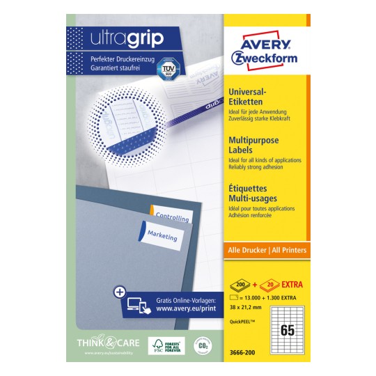 Slika pakiranja: Avery Zweckform univerzalne etikete, trajno ljepljive, proizvod: 3666-200, format: 38 x 21,2 mm, pogodnost za ispis: inkjet, crno-bijeli laser, laserski u boji, sadržaj: 14.300 etiketa / 220 listova, 65 etiketa/list?