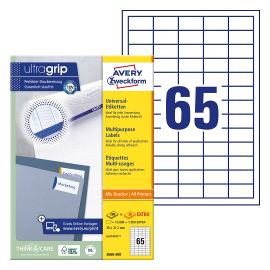 Oznaka na pakiranju s listom naljepnica: Avery Zweckform univerzalne naljepnice, artikl: 3666-200, format: 38 x 21,2 mm, prikladno za ispis: Inkjet, crno-bijeli laserski, kolor laserski, sadržaj: 14.300 naljepnica / 220 listova, 65 naljepnica/list?