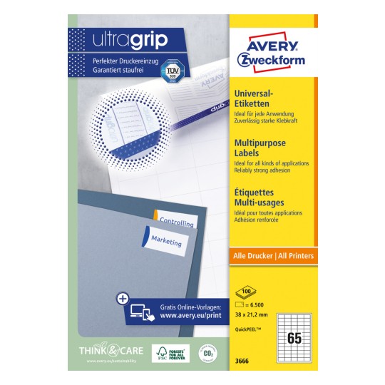 Slika pakiranja: Avery Zweckform univerzalne etikete, trajno ljepljive, artikal: 3666, format: 38 x 21,2 mm, prikladnost za ispis: inkjet, crno-bijeli laser, laserski u boji, sadržaj: 6.500 etiketa / 100 listova, 65 etiketa/listu.