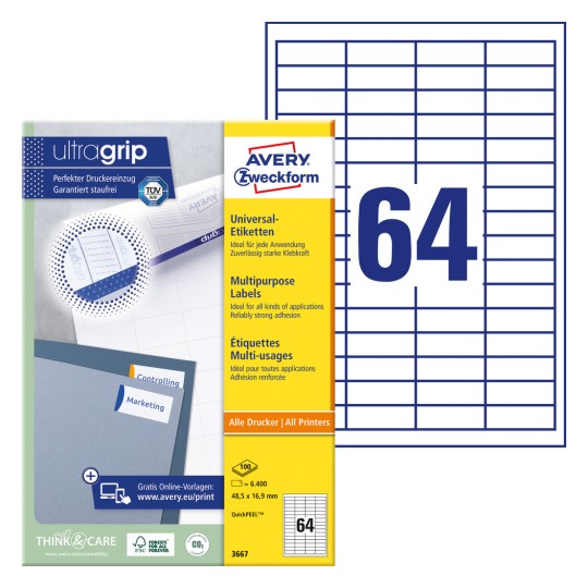 Pakiranje sa etiketama: Avery Zweckform univerzalne etikete, artikl: 3667, format: 48,5 x 16,9 mm, pogodno za pisače: Inkjet, crno-bijeli laser, laserski u boji, sadržaj: 6.400 etiketa / 100 listova, 64 etikete/list?
