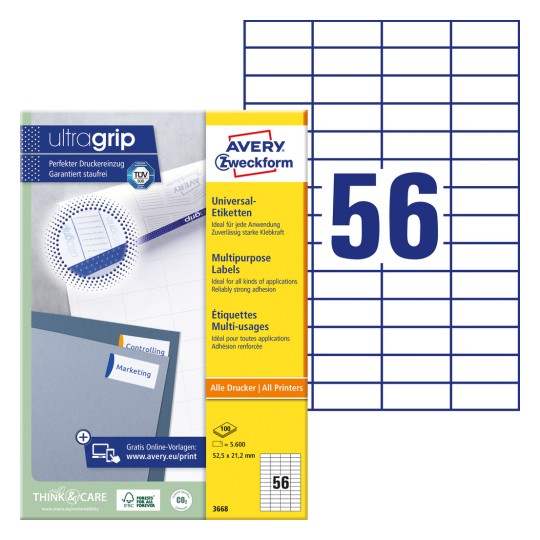 Slika pakiranja s listom naljepnica: Avery Zweckform univerzalne naljepnice, artikal: 3668, format: 52,5 x 21,2 mm, prikladnost za tisak: Inkjet, crno-bijeli laser, laserski u boji, sadržaj: 5.600 naljepnica / 100 listova, 56 naljepnica/list?