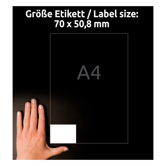 Usporedba veličine s rukom, Artikl: 3669, jedan list univerzalnih naljepnica, format: 70 x 50,8 mm, boja: bijela?