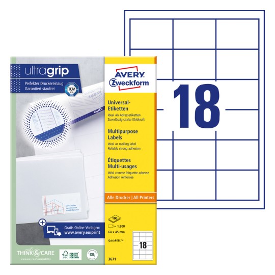 Paketna slika s arkama naljepnica: Avery Zweckform univerzalne naljepnice, artikal: 3671, format: 64 x 45 mm, prikladnost za ispis: inkjet, crno-bijeli laserski, laserski u boji, sadržaj: 1.800 naljepnica / 100 araka, 18 naljepnica/araku.