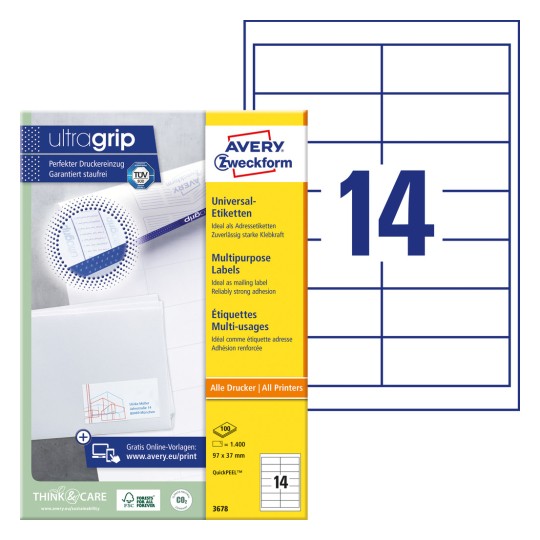 Slika pakiranja s listom etiketa: Avery Zweckform univerzalne etikete, artikl: 3678, format: 97 x 37 mm, prikladnost za ispis: Inkjet, crno-bijeli laser, laserski u boji, sadržaj: 1.400 etiketa / 100 listova, 14 etiketa/list.