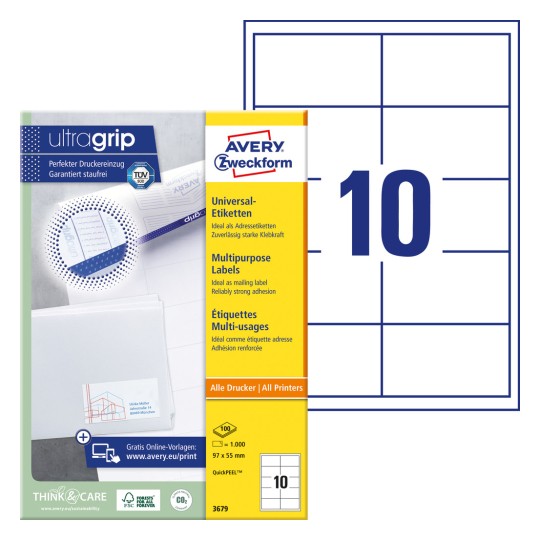 Slika pakiranja s listom naljepnica: Avery Zweckform univerzalne naljepnice, artikal: 3679, format: 97 x 55 mm, pogodnost za tiskare: Inkjet, crno-bijeli laser, kolor laser, sadržaj: 1.000 naljepnica / 100 listova, 10 naljepnica/list?