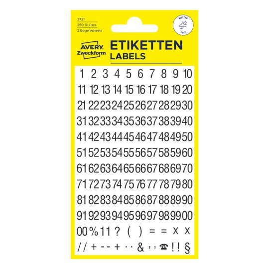 Slika pakiranja: Avery Zweckform Slova i brojevi, Artikl: 3721, Format: 85 x 160 mm, Sadržaj: 250 naljepnica / 2 lista, 125 naljepnica/ list?
