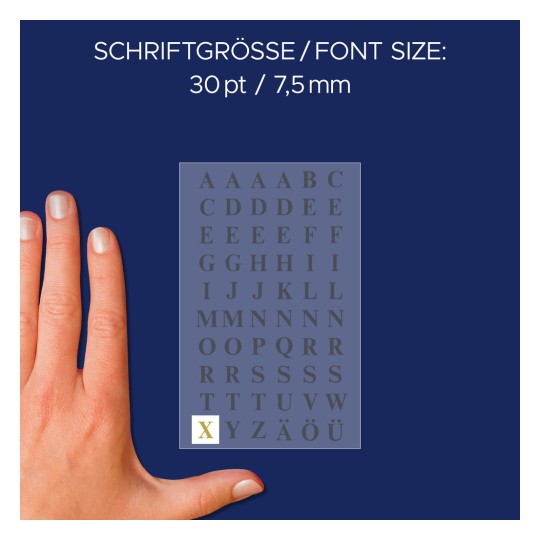 Veličina u usporedbi s rukom, Artikal: 3727, jedan list etiketa s slovima, format: 85 x 160 mm, boja: zlatna.