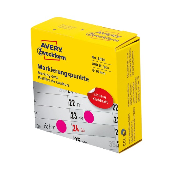 Slika pakiranja: Avery Zweckform šarene oznake, artikal: 3850, format: ⌀ 10 mm, sadržaj: 800 oznaka / 1 rola, 800 oznaka/rola.