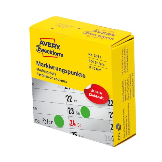 Slik pakiranja: Avery Zweckform šarene oznake, artikal: 3851, format: ⌀ 10 mm, sadržaj: 800 oznaka / 1 rola, 800 oznaka/rola.