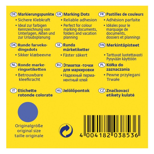 Slika prikazuje ambalažu proizvoda s etiketama na raznim jezicima koje opisuju oznake točkica i njihovu primjenu, uključujući pouzdano prianjanje za označavanje boja na dokumentima.