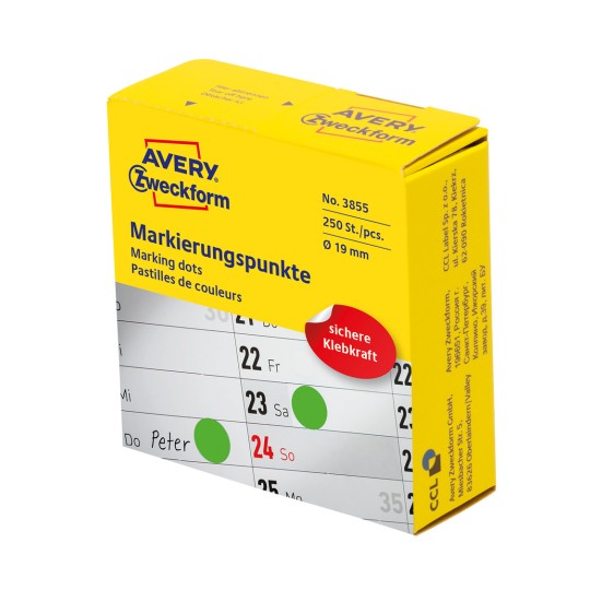 Oznaka pakiranja: Avery Zweckform Oznake u boji, Artikl: 3855, Format: ⌀ 19 mm, Sadržaj: 250 oznaka / 1 rola, 250 oznaka/rola.