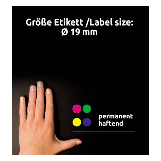 Usporedba veličine s rukom, proizvod: 3857, jedan list oznaka, format: ⌀ 19 mm, boja: plava.