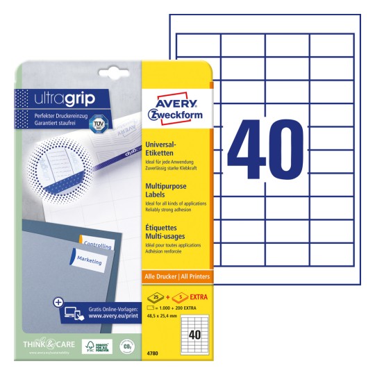 Slika pakiranja s listom naljepnica: Avery Zweckform univerzalne naljepnice, artikl: 4780, format: 48,5 x 25,4 mm, pogodno za pisač: inkjet, crno-bijeli laser, laserski pisač u boji, sadržaj: 1.200 naljepnica / 30 listova, 40 naljepnica/list.