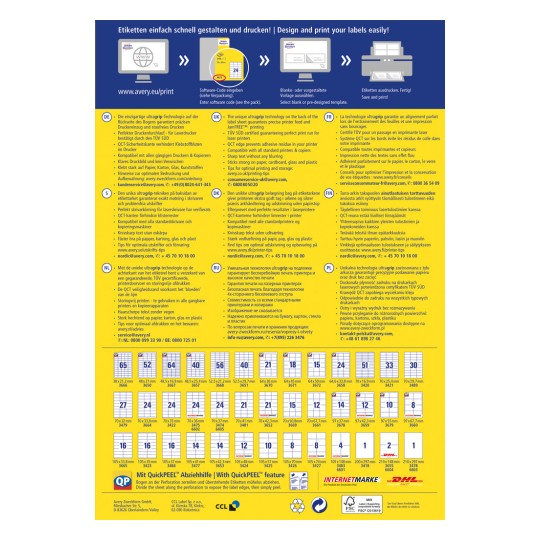 Slika je informativni plakat od Averyja koji opisuje njihove usluge dizajna i ispisa naljepnica na više jezika. Uključuje značajke njihovog proizvoda, informacije o korisničkoj podršci i savjete za ispis.