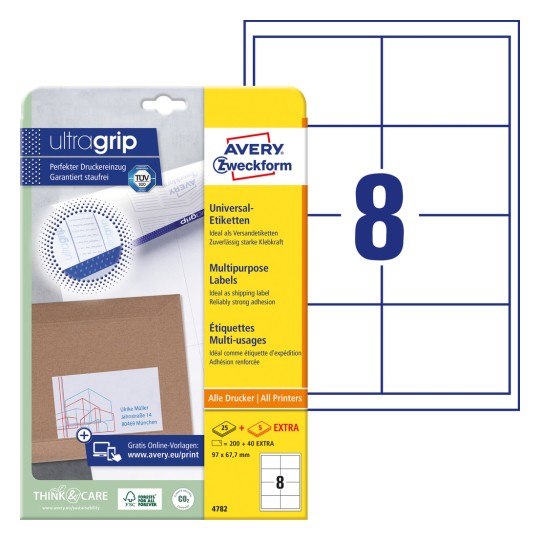 Slika pakiranja s listom naljepnica: Avery Zweckform univerzalne naljepnice, artikal: 4782, format: 97 x 67,7 mm, pogodnost za ispis: Inkjet, crno-bijeli laser, laserski pisač u boji, sadržaj: 240 naljepnica / 30 listova, 8 naljepnica po listu.