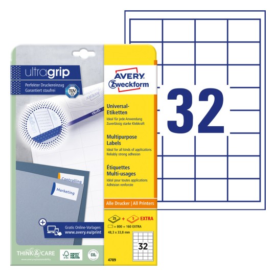 Slika pakiranja s listom etiketa: Avery Zweckform univerzalne etikete, Artikl:  4789, Format: 48,3 x 33,8 mm, Prikladno za ispis: Inkjet, crno-bijeli laser, laserski u boji, Sadržaj: 960 etiketa / 30 listova, 32 etikete po listu.