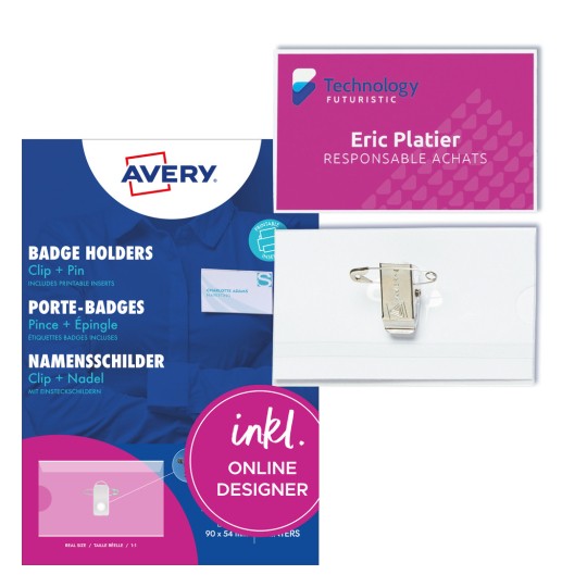 Pakiranje sa prikazom kartonskog lista: Avery Zweckform oznake s kombiniranom kopčom, artikl: 4820, format: 90 x 54 mm, pogodnost za tiskanje: Inkjet, laserski u boji, laserski crno-bijeli, kopirni aparat, sadržaj: 50 oznaka s imenom / 50 umetaka / 5 listova, /list?