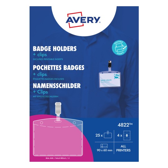 Slika pakiranja: Avery Zweckform, artikl: 4822, format: 90 x 60 mm, prikladno za tiskanje: inkjet, laserski pisač u boji, crno-bijeli laser, fotokopirni uređaji, sadržaj: 25 imenskih oznaka / 32 umetaka za oznake / 4 lista, / list?