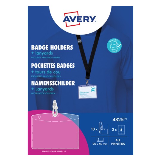 Slika pakiranja: Avery Zweckform, Artikl: 4825, Format: 90 x 60 mm, Primjerena za ispis: Inkjet, laserski pisač u boji, laserski pisač crno-bijeli, kopirni stroj, Sadržaj: 10 imenskih oznaka / 16 umetaka / 2 lista / list?