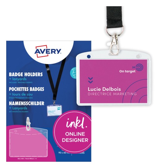 Slika pakiranja s kartonskim listovima: Avery Zweckform džepovi za značke s trakicom, artikl: 4825, format: 90 x 60 mm, prikladnost za ispis: Inkjet, laserski kolor, laserski crno-bijelo, kopir uređaji, sadržaj: 10 znački / 16 umetaka za kartice / 2 lista.