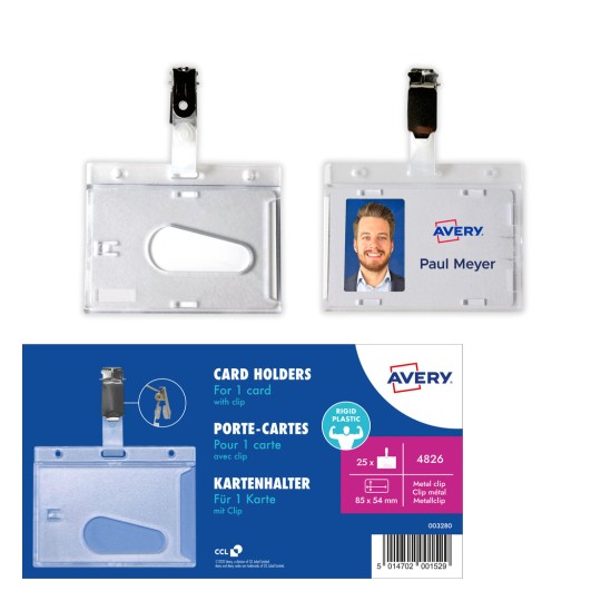 Slika prikazuje prozirni plastični držač za kartice s kopčom i uzorkom kartice s fotografijom i imenom osobe. Opis pakiranja i značajke za Avery držače kartica također su vidljivi.