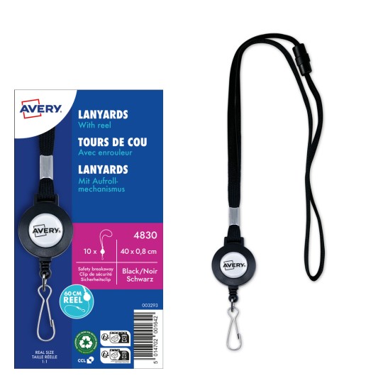 Slika prikazuje pakiranje za Avery vezice s kotačićem, uključujući vezicu, sigurnosni odvojivi kopčom i detalje na engleskom i francuskom jeziku.