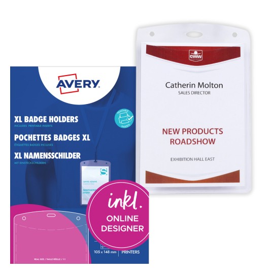 Slika pakiranja s listom kartica: Avery Zweckform džepovi za članske iskaznice veliki, Artikl: 4834XL, Format: 105 x 148 mm, Pogodnost za ispis: crno-bijeli laser, laserski u boji, inkjet, laser, Sadržaj: 50 članskih iskaznica / 52 umetnih iskaznica / 13 listova.