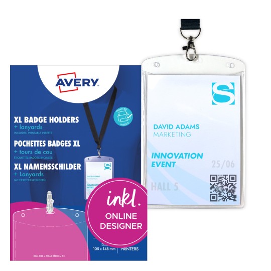 Slika pakiranja s kartonskim listom: Avery Zweckform torbice s imenima s trakama, članak: 4834, format: 105 x 148 mm, pogodno za ispis: Inkjet, laserski pisač u boji, crno-bijeli laser, kopirke, sadržaj: 10 oznaka s imenima / 12 umetaka za naziv / 3 listova, /list?