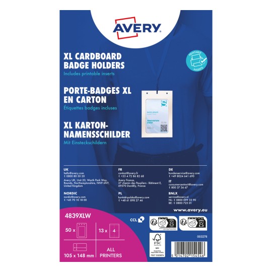 Prednja strana pakiranja Avery XL kartonskih držača za bedževe s vezicom za oko vrata i oglednim bedžem?