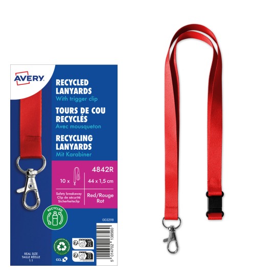 Slika prikazuje pakiranje recikliranih vrpca za ključ oko vrata u crvenoj boji s kopčom, s detaljima proizvoda koji uključuju dimenzije i količinu.