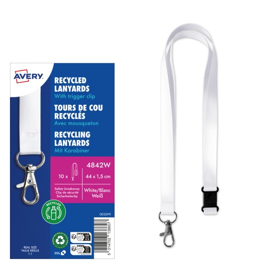 Slika prikazuje reciklirane vezice s kopčama, naglašavajući pojedinosti o pakiranju kao što su veličina i ekološka održivost. Vezice izgledaju bijelo.