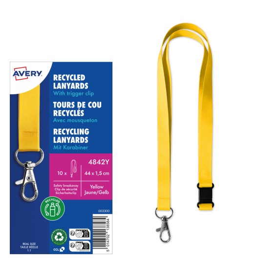 Slika prikazuje reciklirane vezice u žutoj boji s kukom za brzo otpuštanje, pakirane s informacijama o proizvodu tvrtke Avery.