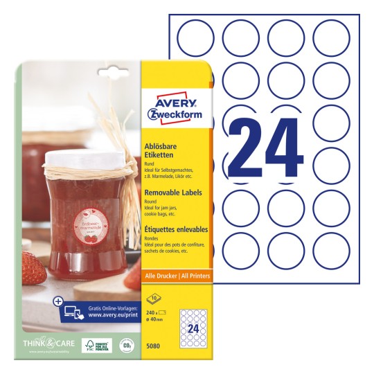 Slika pakiranja s listovima naljepnica: Avery Zweckform Okrugle naljepnice, odvojive, artikl: 5080, Format: ⌀ 40 mm, Pogodnost za ispis: inkjet, crno-bijeli laser, laserski kolor, Sadržaj: 240 naljepnica / 10 listova, 24 naljepnice po listu.