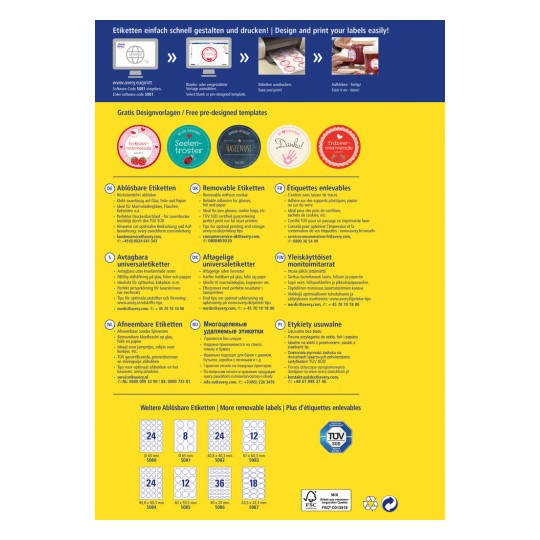 Slika je reklama za Avery naljepnice, prikazujući različite vrste odvojivih i samoljepljivih naljepnica uz predloške za dizajn. Uključuje upute za lako dizajniranje i ispis naljepnica, zajedno s kontakt informacijama za korisničku podršku i popis veličina naljepnica.