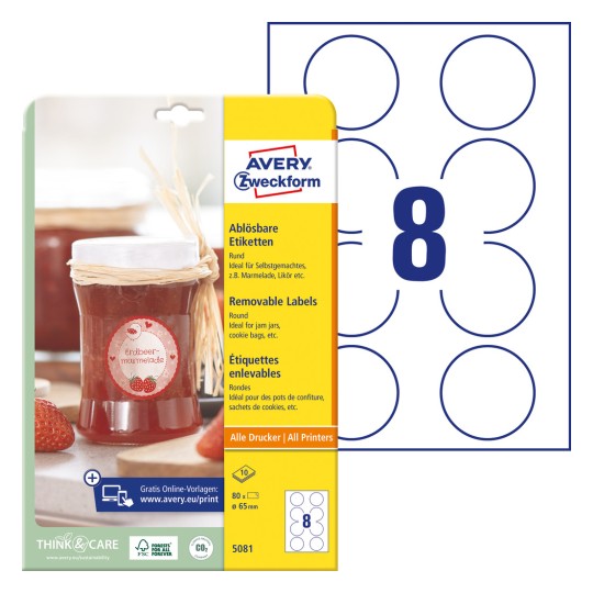 Slika pakiranja s listom etiketa: Avery Zweckform okrugle etikete, uklonjive, artikl: 5081, format: ⌀ 65 mm, prikladne za pisače: inkjet, laserski crno-bijeli, laserski u boji, sadržaj: 80 etiketa / 10 listova, 8 etiketa/list.