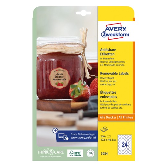 Slika pakiranja: Avery Zweckform cvjetni oblici etiketa, Artikl: 5084, Format: 40,8 x 40,3 mm, Pogodno za ispis: Inkjet, crno-bijeli laser, laserski pisač u boji, Sadržaj: 240 etiketa / 10 listova, 24 etikete po listu.
