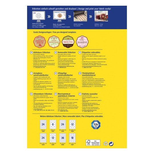 Slika prikazuje letak za Avery, na kojem su prikazani proizvodi za naljepnice, dizajnerski predlošci i upute za ispis na više jezika, uključujući njemački, francuski, nizozemski, ruski i poljski.