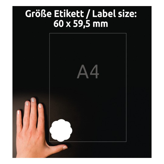 Usporedba veličine s rukom, artikl: 5085, jedan list naljepnica u obliku cvijeta, odvojiv, format: 60 x 59,5 mm, boja: bijela.