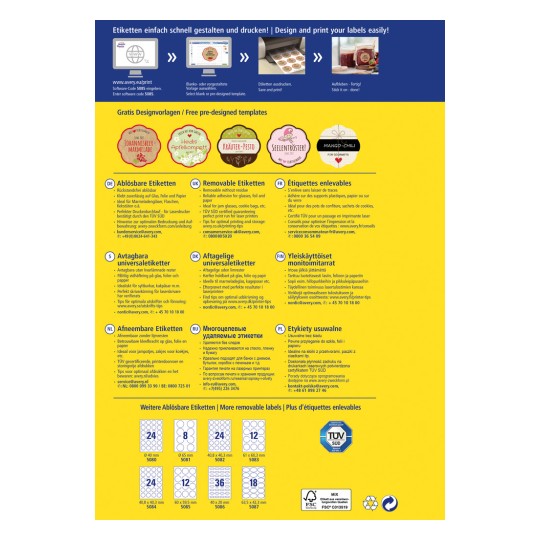 Ova slika je promotivni letak za Averyjeve izmjenjive naljepnice, prikazuje različite dizajne i predloške na više jezika. Pruža upute o tome kako dizajnirati i ispisivati naljepnice, kao i detalje o različitim vrstama dostupnih naljepnica.