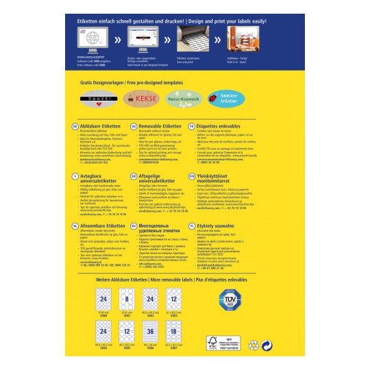 Informativni grafički prikaz o dizajnu i tisku naljepnica, koji prikazuje različite vrste izmjenjivih naljepnica na više jezika, uz primjere predložaka i kontaktne podatke.