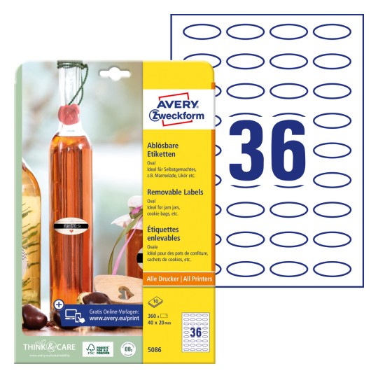 Slika pakiranja s arkom naljepnica: Avery Zweckform ovalne naljepnice, uklonjive, artikl: 5086, format: 40 x 20 mm, prikladne za ispis: inkjet, crno-bijeli laser, kolor laser, sadržaj: 360 naljepnica / 10 listova, 36 naljepnica/list.