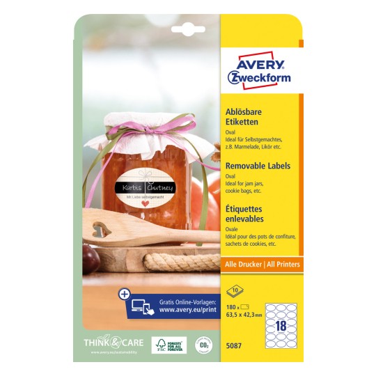 Slik na pakiranju: Avery Zweckform ovalne etikete, Artikl: 5087, Format: 63,5 x 42,3 mm, Pogodan za ispis: Inkjet, Crno/bijeli laserski, Laserski u boji, Sadržaj: 180 etiketa / 10 listova, 18 etiketa/ list?